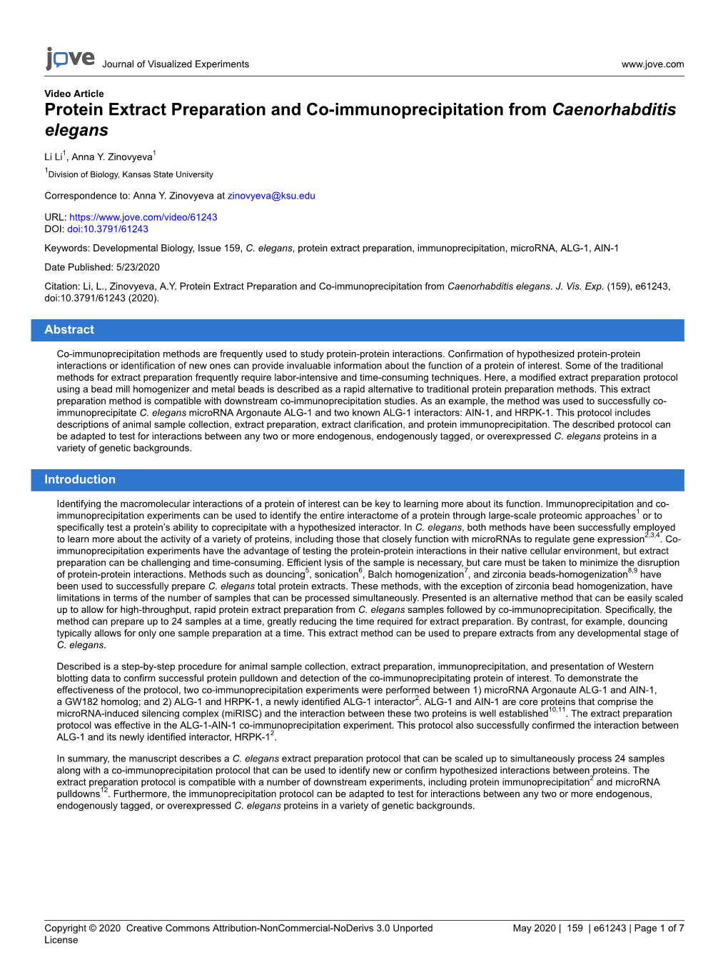 Protein Extract Preparation and Co-Immunoprecipitation from Caenorhabditis Elegans