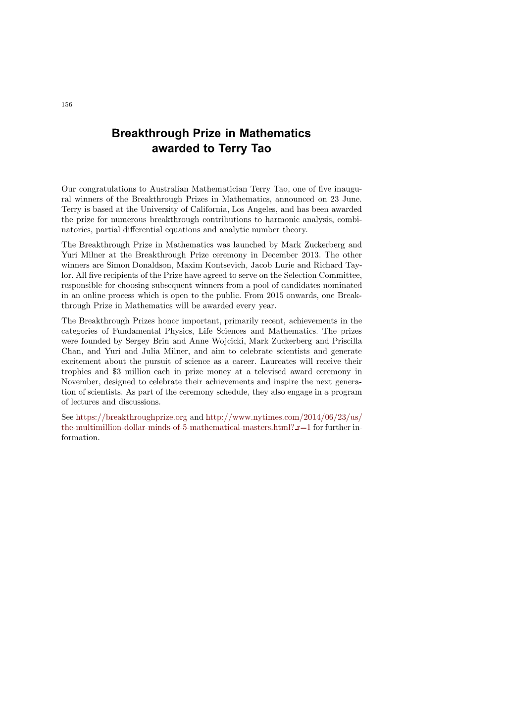 Breakthrough Prize in Mathematics Awarded to Terry Tao