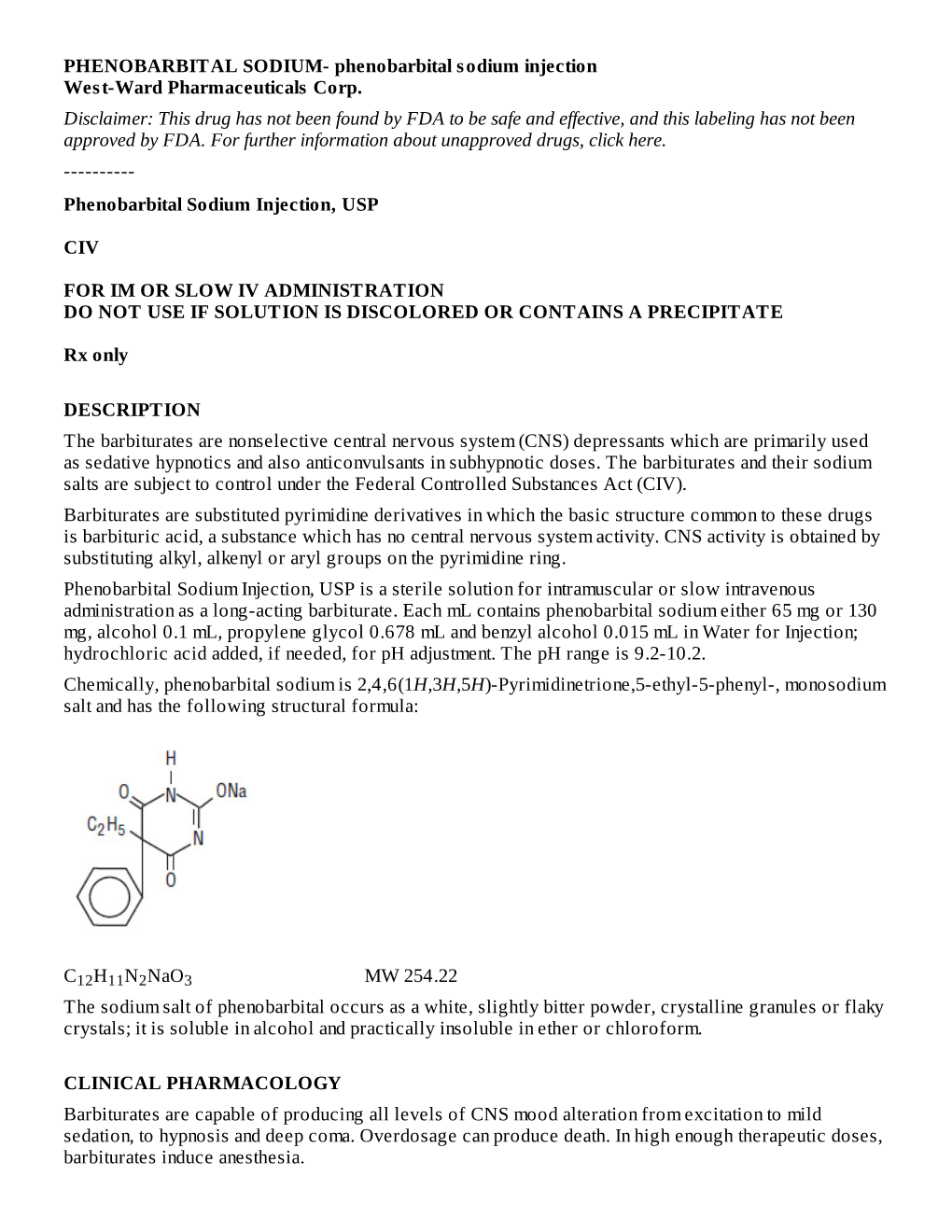 Phenobarbital Sodium Injection West-Ward Pharmaceuticals Corp