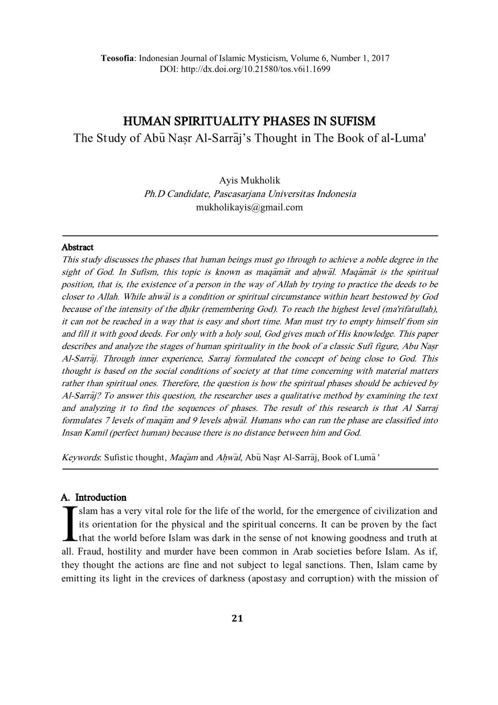 HUMAN SPIRITUALITY PHASES in SUFISM the Study of Abu> Nas}R Al