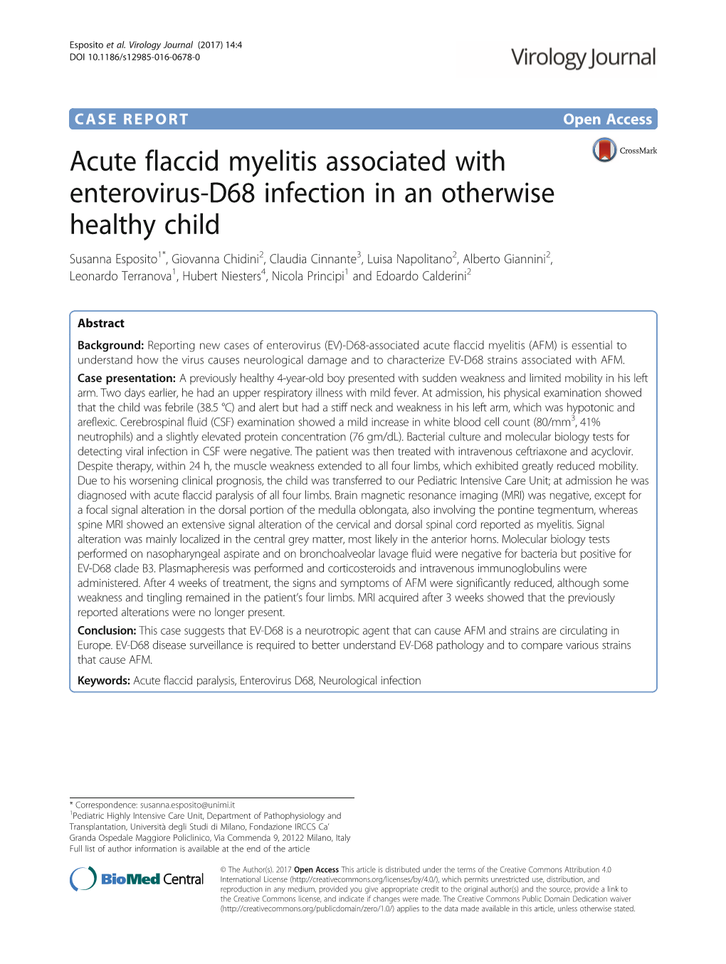 Acute Flaccid Myelitis Associated with Enterovirus-D68 Infection in An