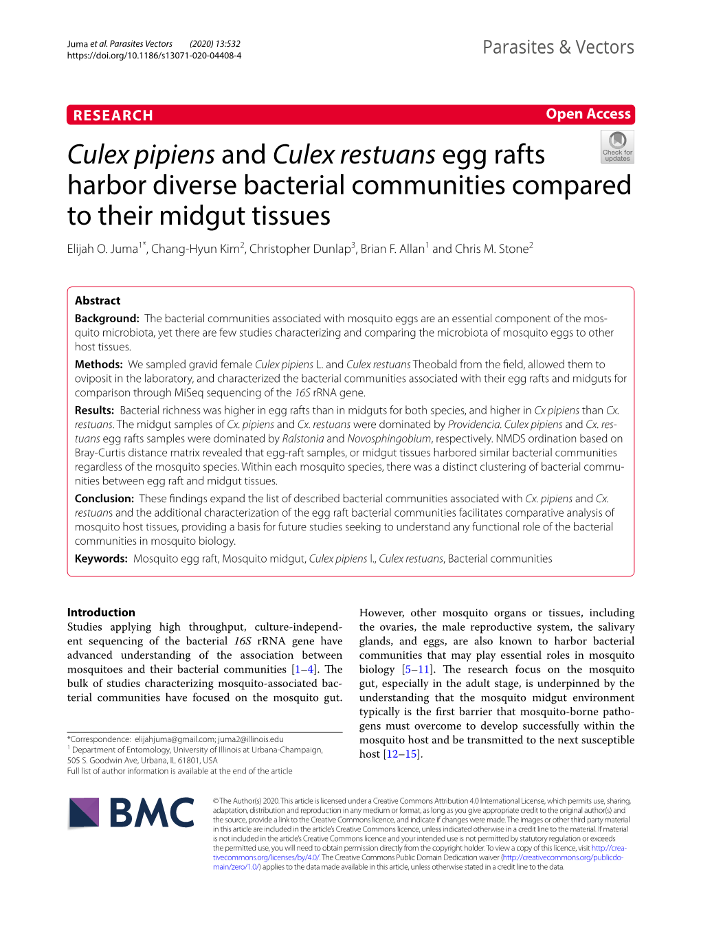 Culex Pipiens and Culex Restuans Egg Rafts Harbor Diverse Bacterial Communities Compared to Their Midgut Tissues Elijah O