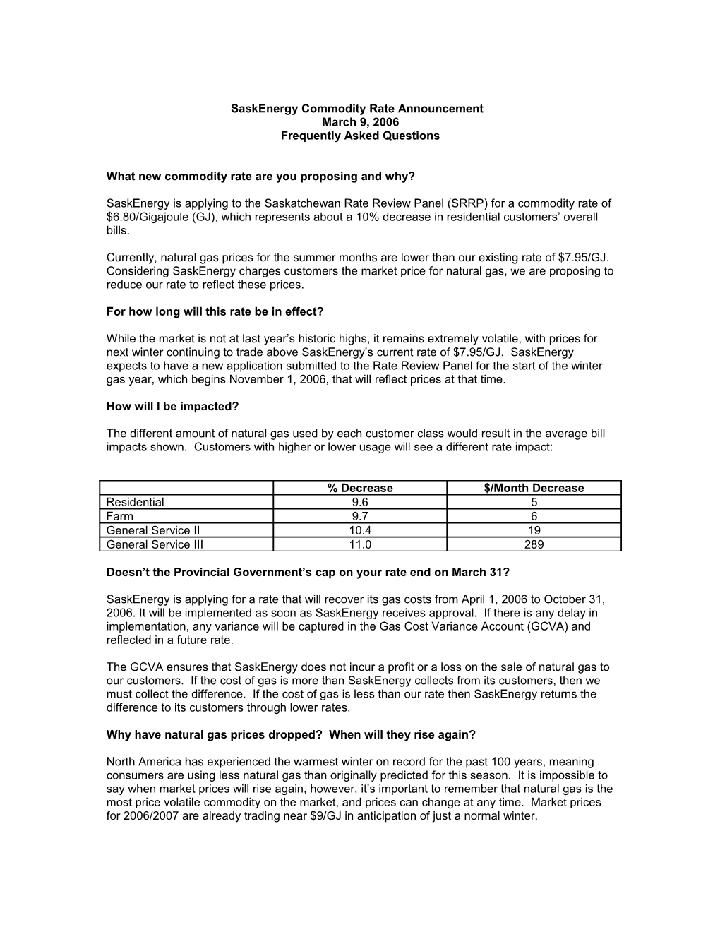 Saskenergy Commodity Rate Announcement - BLENDED RATE