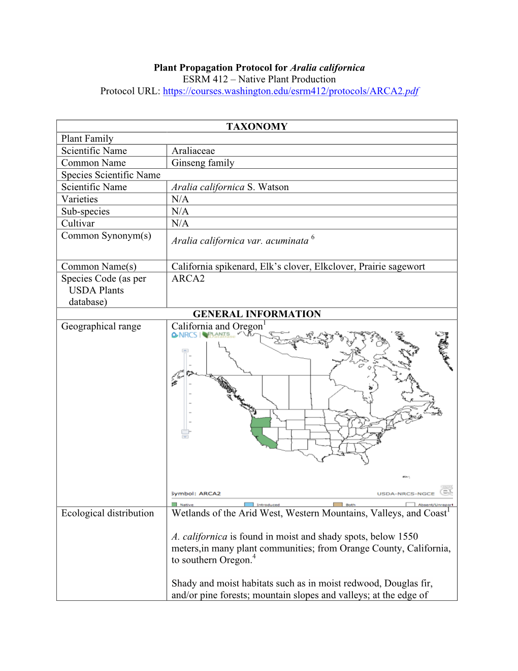 Plant Propagation Protocol for Aralia Californica ESRM 412 – Native Plant Production Protocol URL