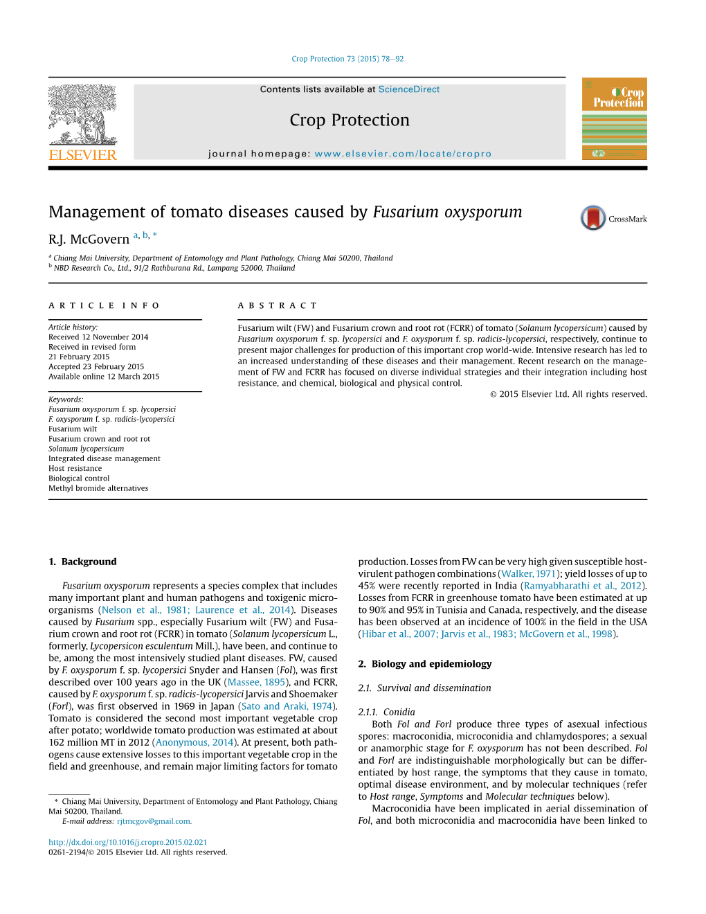 Management of Tomato Diseases Caused by Fusarium Oxysporum