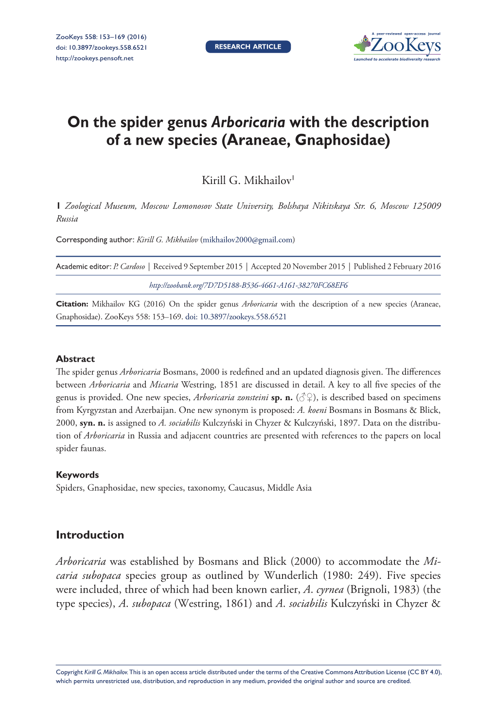 On the Spider Genus Arboricaria with the Description of a New Species (Araneae, Gnaphosidae)