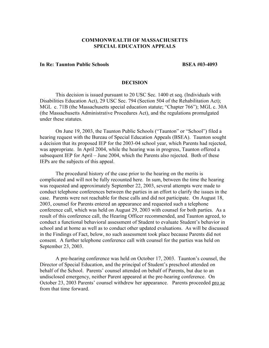 Special Education Appeals BSEA #03-4093