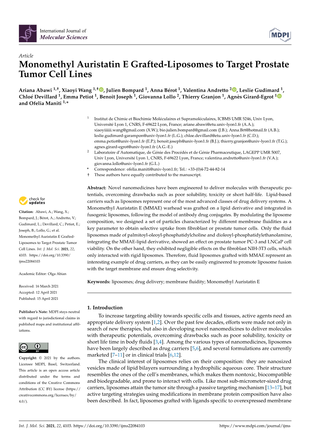 Monomethyl Auristatin E Grafted-Liposomes to Target Prostate Tumor Cell Lines