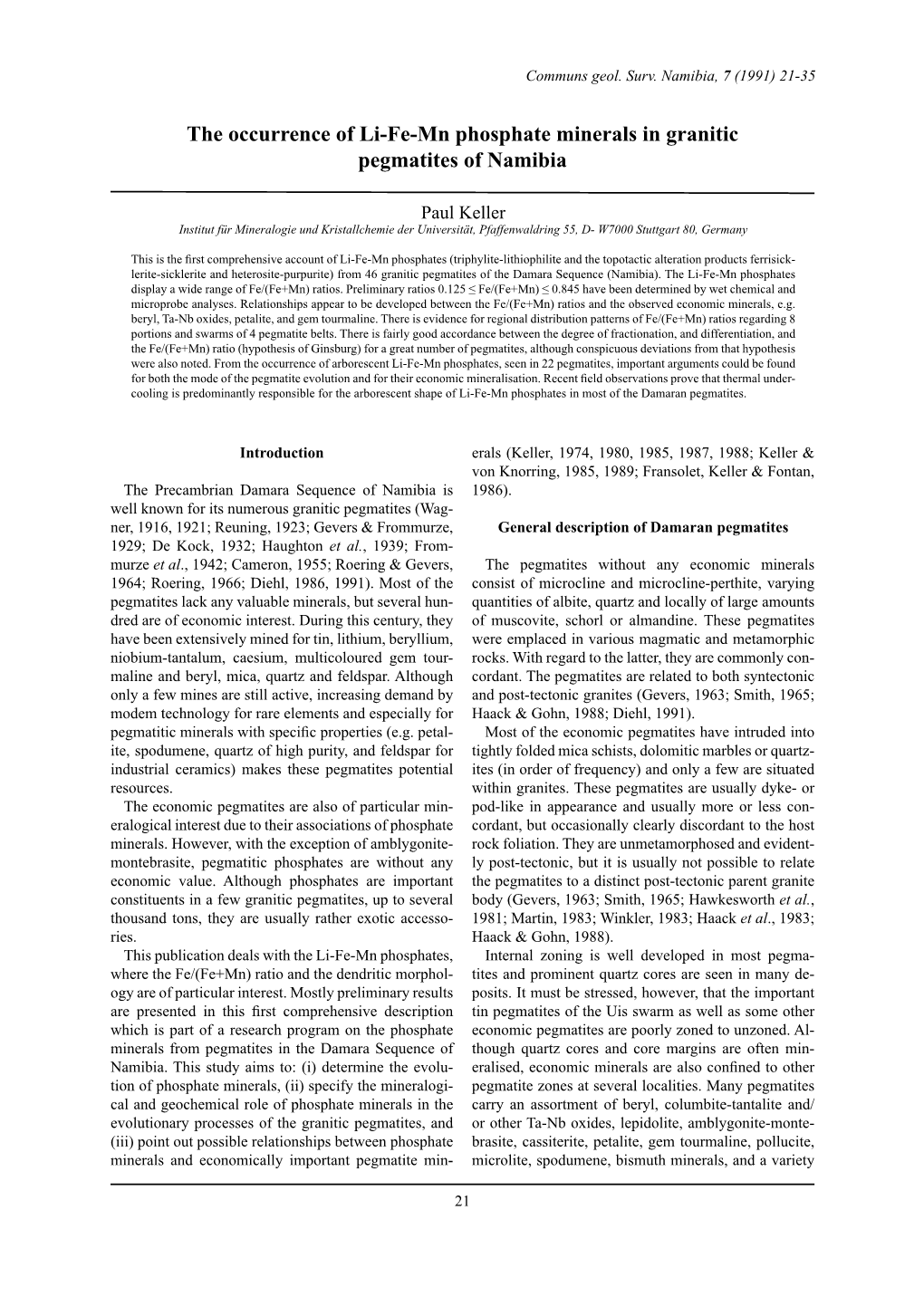 The Occurrence of Li-Fe-Mn Phosphate Minerals in Granitic Pegmatites of Namibia