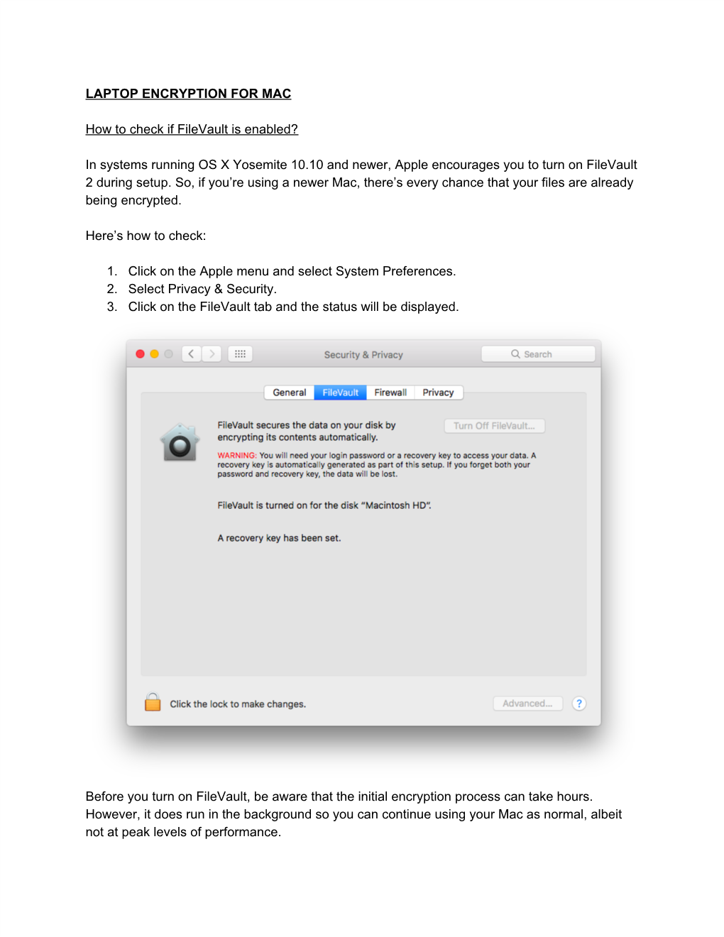 LAPTOP ENCRYPTION for MAC How to Check If Filevault Is Enabled