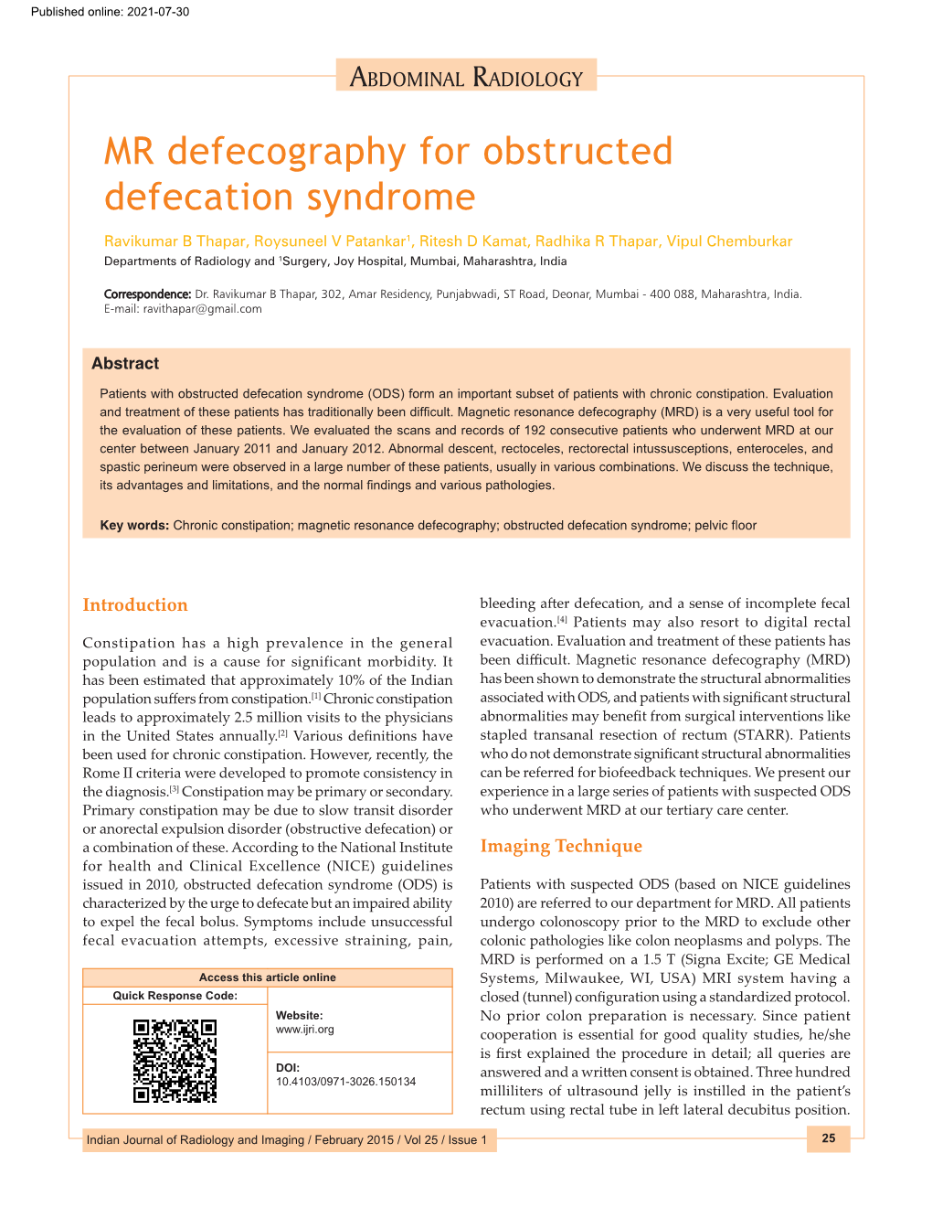 MR Defecography for Obstructed Defecation Syndrome