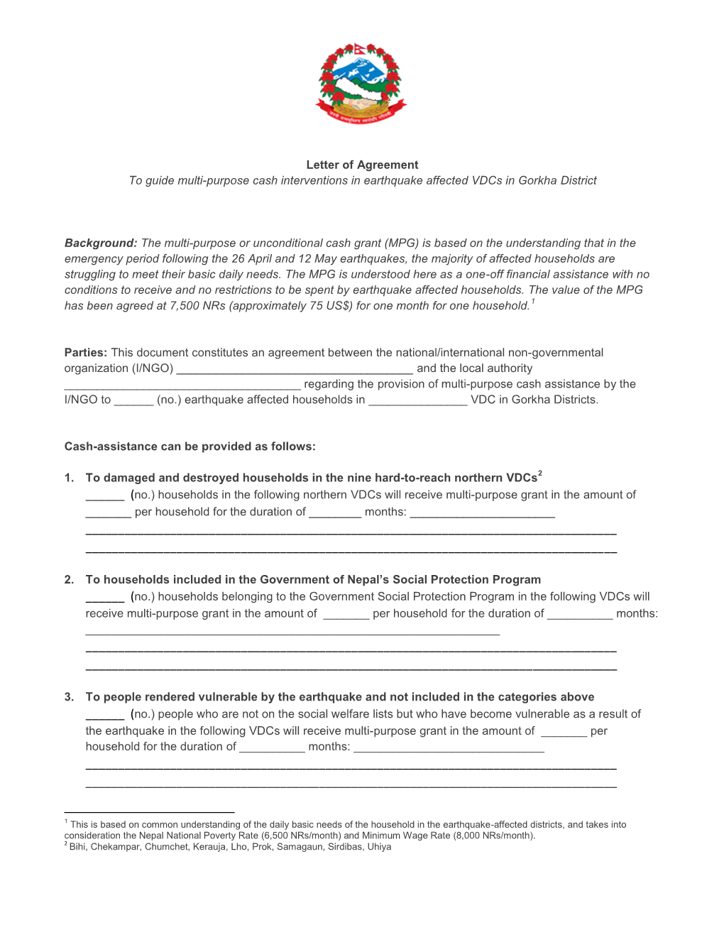 Letter of Agreement to Guide Multi-Purpose Cash Interventions in Earthquake Affected Vdcs in Gorkha District