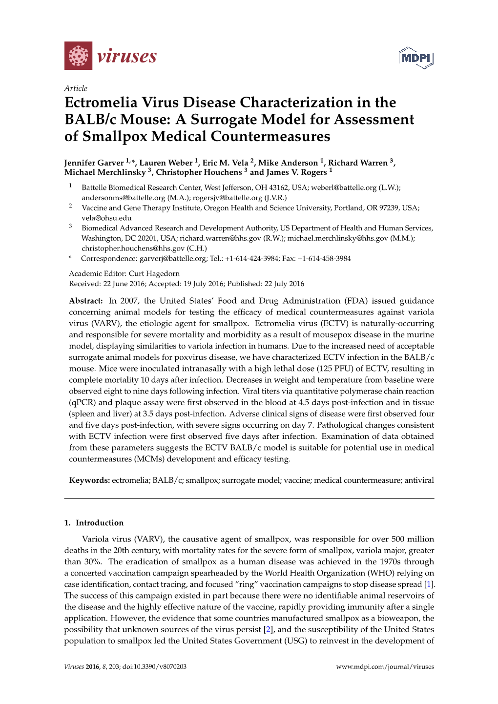 Ectromelia Virus Disease Characterization in the BALB/C Mouse: a Surrogate Model for Assessment of Smallpox Medical Countermeasures