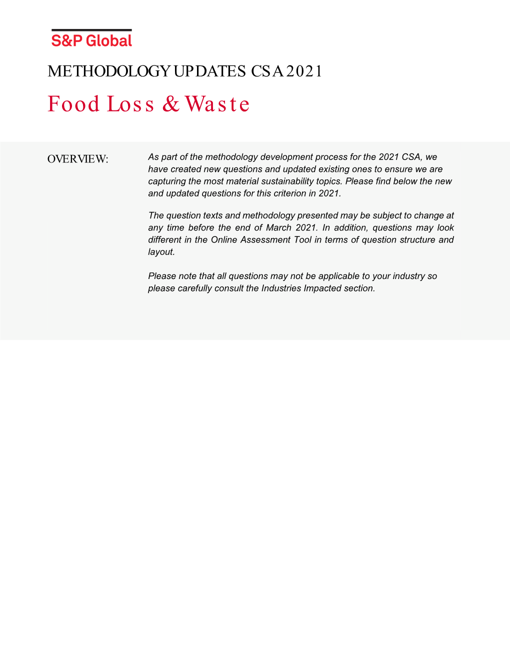 METHODOLOGY UPDATES CSA 2021 Food Loss & Waste