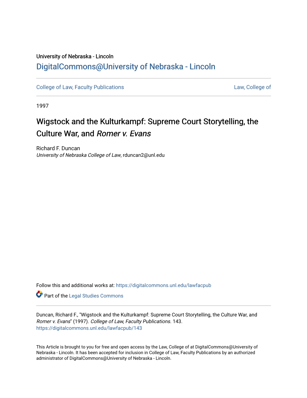 Wigstock and the Kulturkampf: Supreme Court Storytelling, the Culture War, and Romer V
