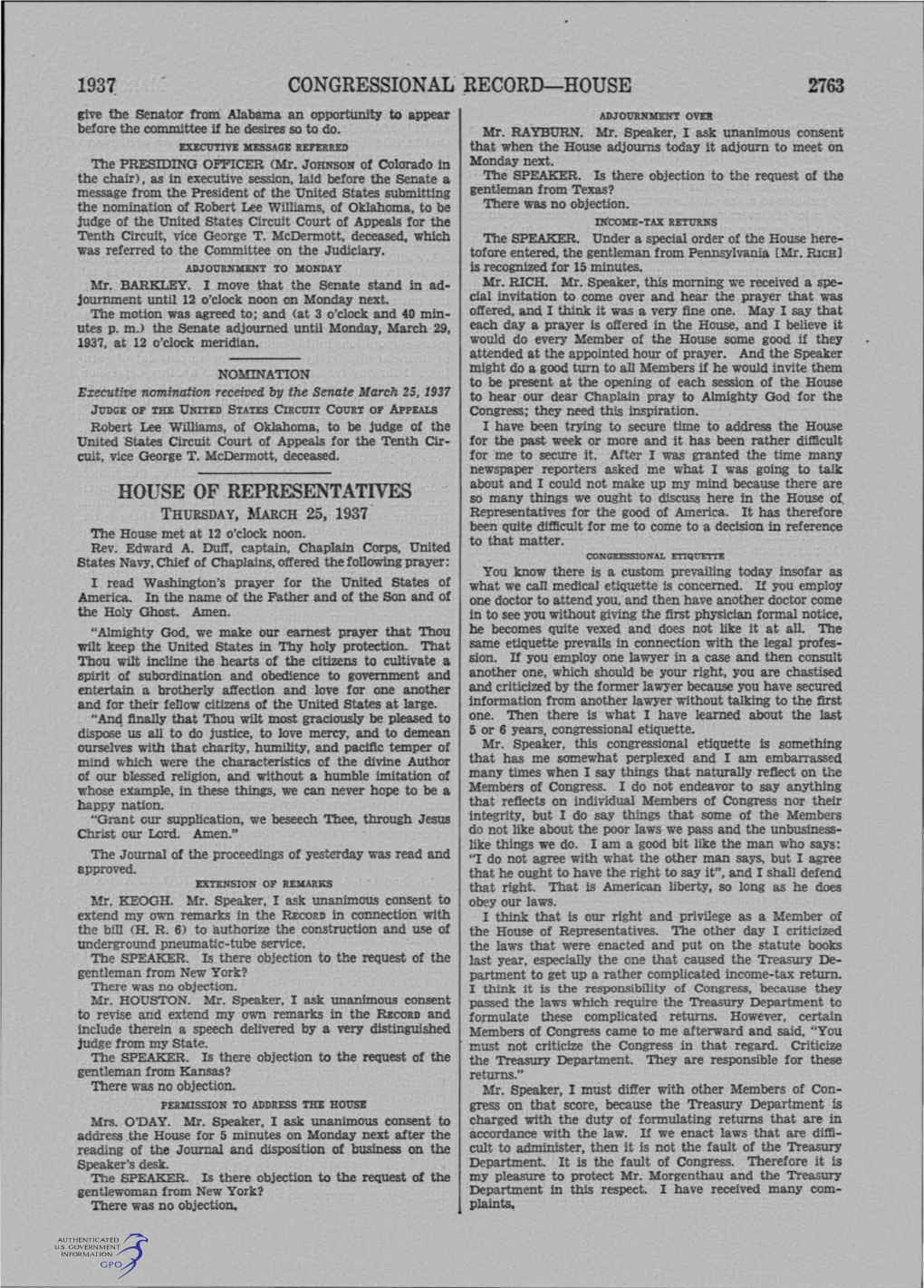 CONGRESSIONAL- ~ECORD-HOUSE 2763 Give the Senator from Alabama an Opportunity to Appear ADJOURNMENT OVER Before the Committee If He Desires So to Do