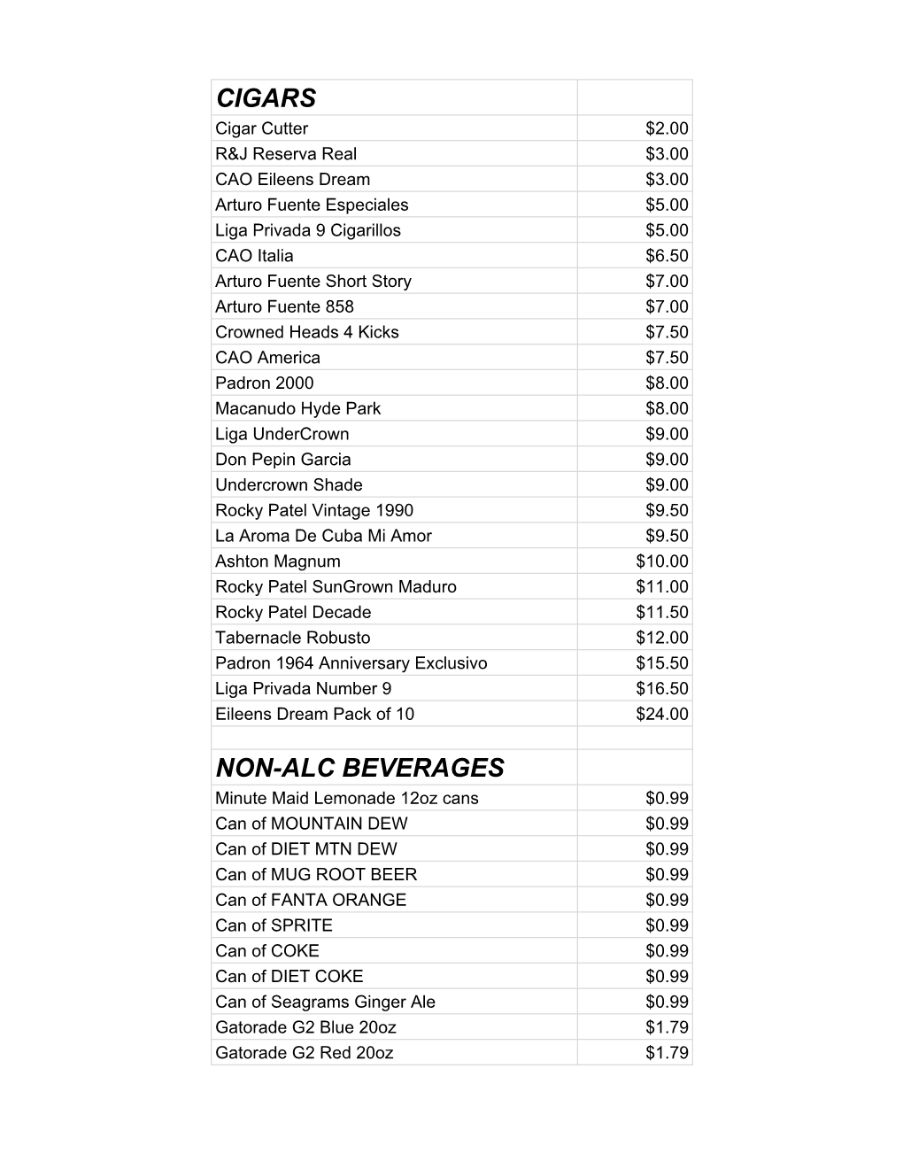 Amenities Price List