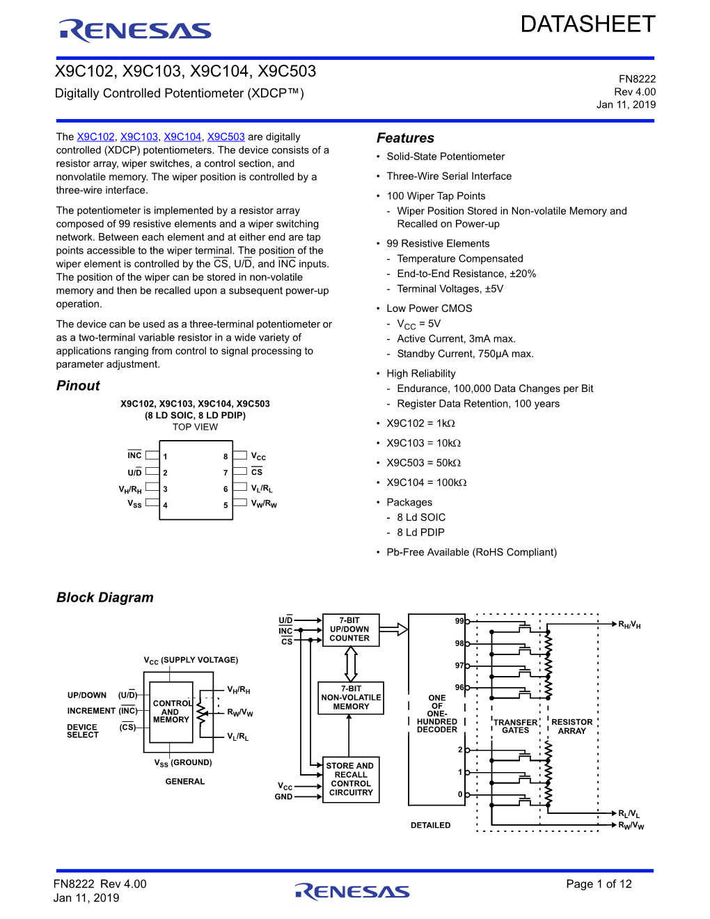 X9C102, X9C103, X9C104, X9C503 Datasheet