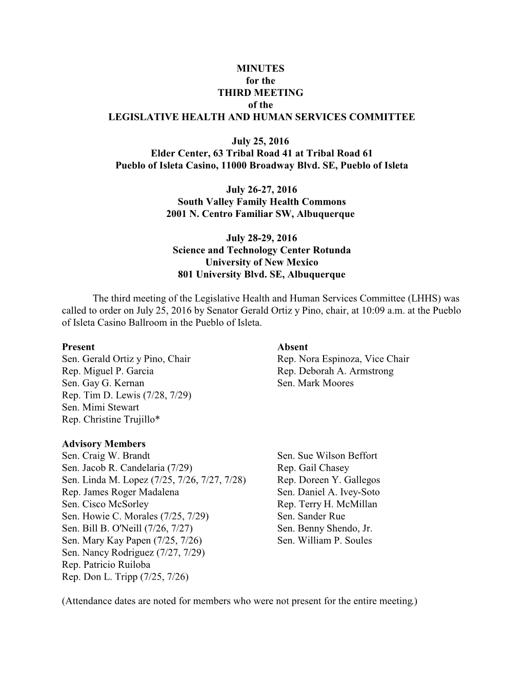 MINUTES for the THIRD MEETING of the LEGISLATIVE HEALTH and HUMAN SERVICES COMMITTEE