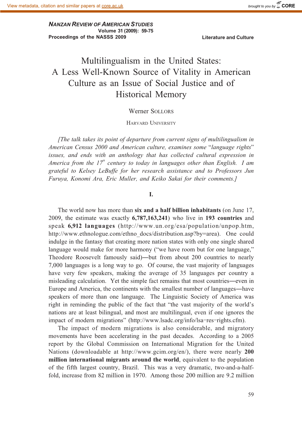 Multilingualism in the United States: a Less Well-Known Source of Vitality in American Culture As an Issue of Social Justice and of Historical Memory