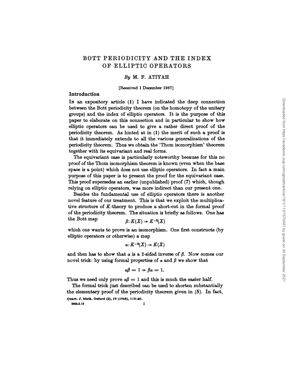 BOTT PERIODICITY and the INDEX of ELLIPTIC OPERATORS by M