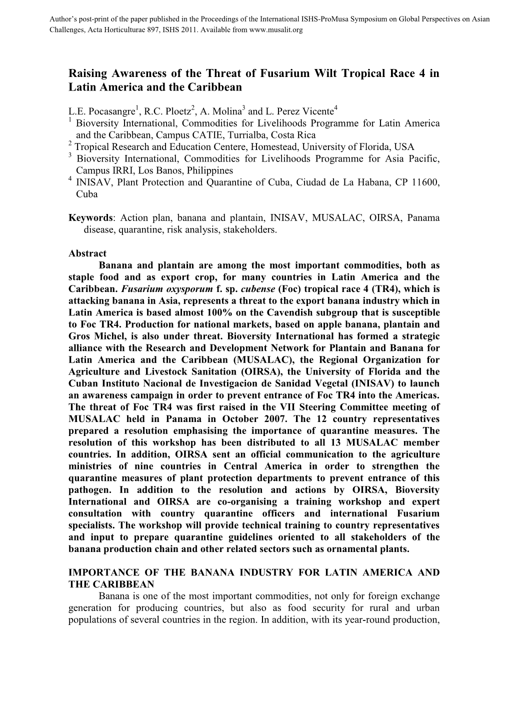 Raising Awareness of the Threat of Fusarium Wilt Tropical Race 4 in Latin America and the Caribbean