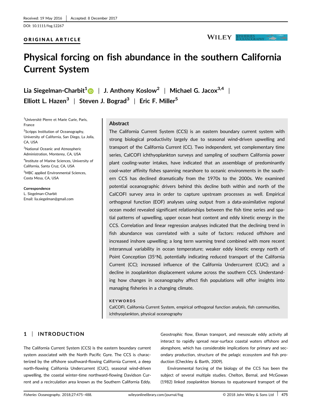 Physical Forcing on Fish Abundance in the Southern California Current System