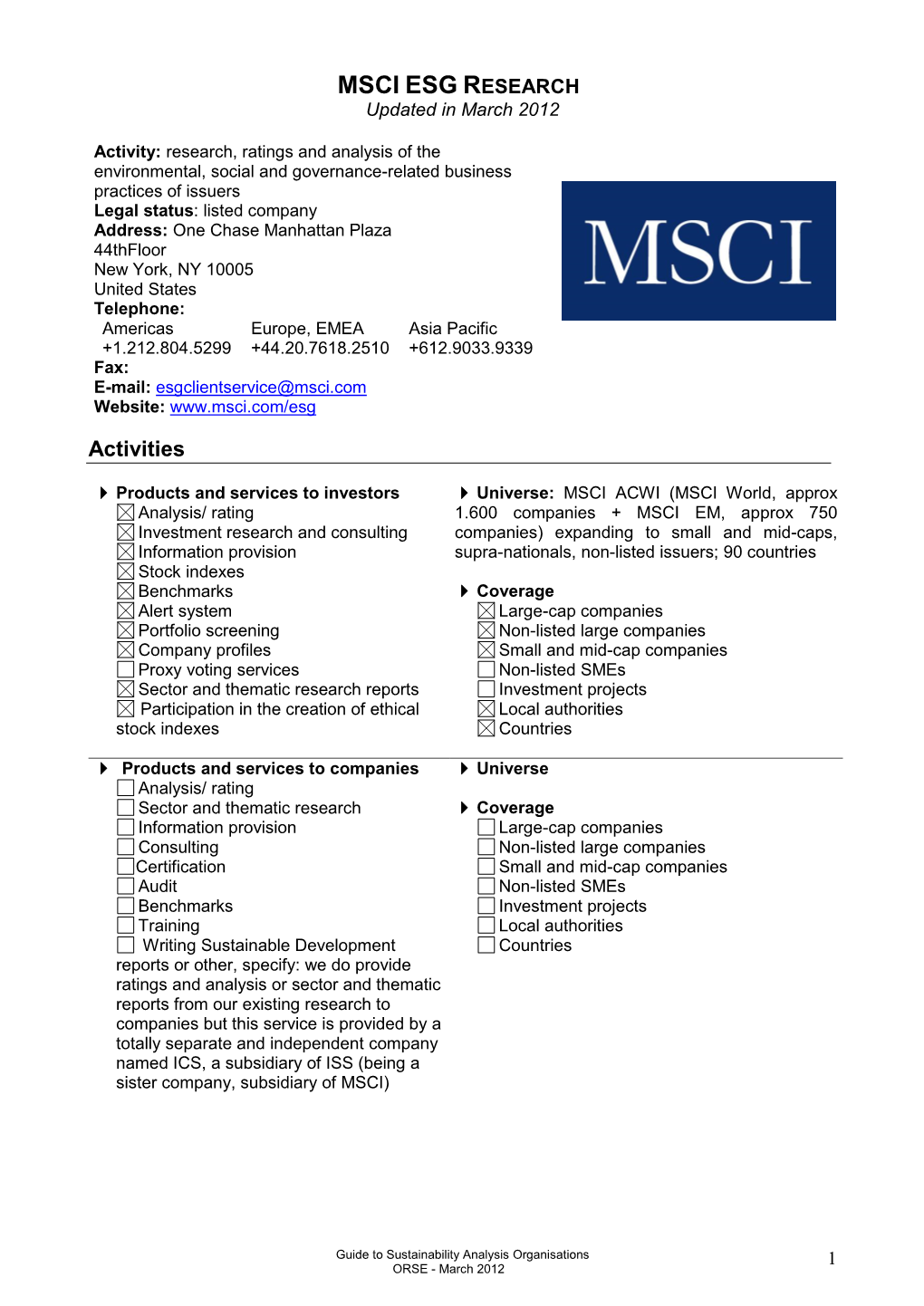 MSCI ESG RESEARCH Updated in March 2012