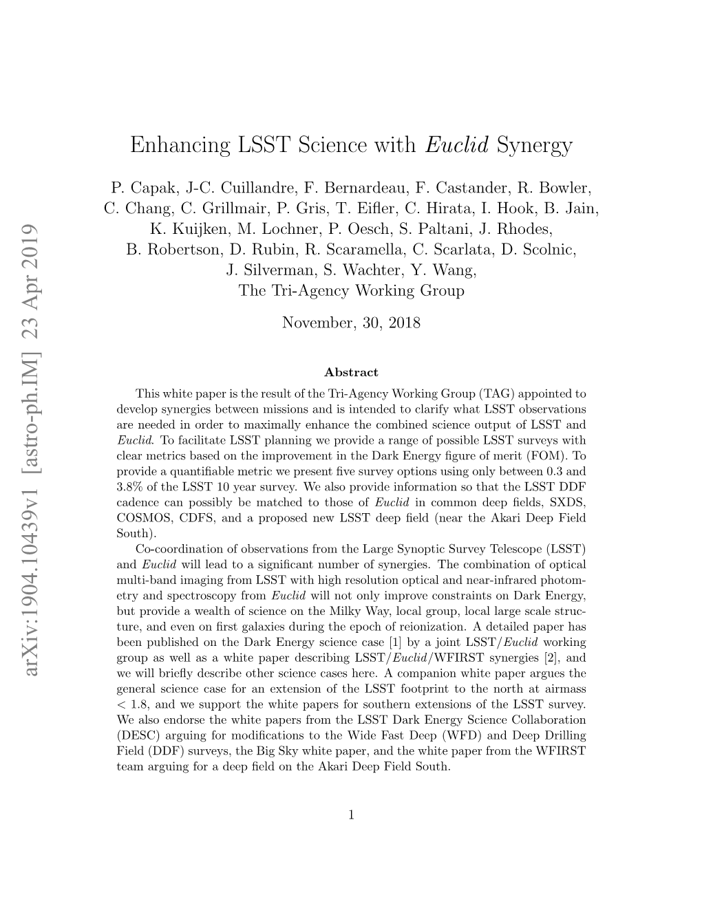 Enhancing LSST Science with Euclid Synergy Arxiv:1904.10439V1 [Astro