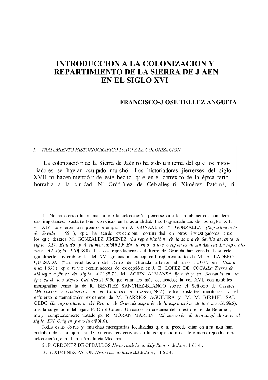 Introduccion a La Colonizacion Y Repartimiento De La Sierra De Jaen En El Siglo Xvi