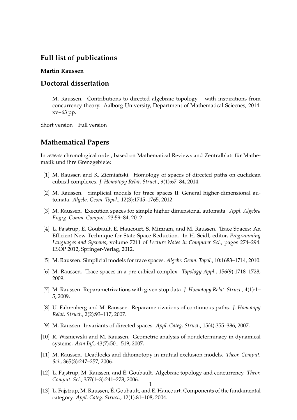 Full List of Publications Doctoral Dissertation Mathematical Papers