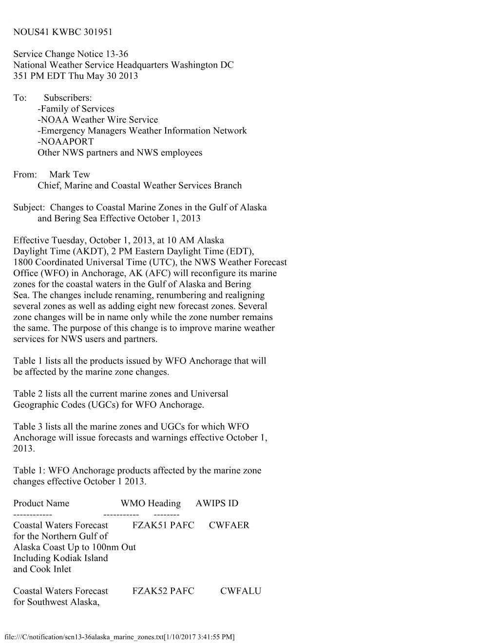 NOUS41 KWBC 301951 Service Change Notice 13-36 National