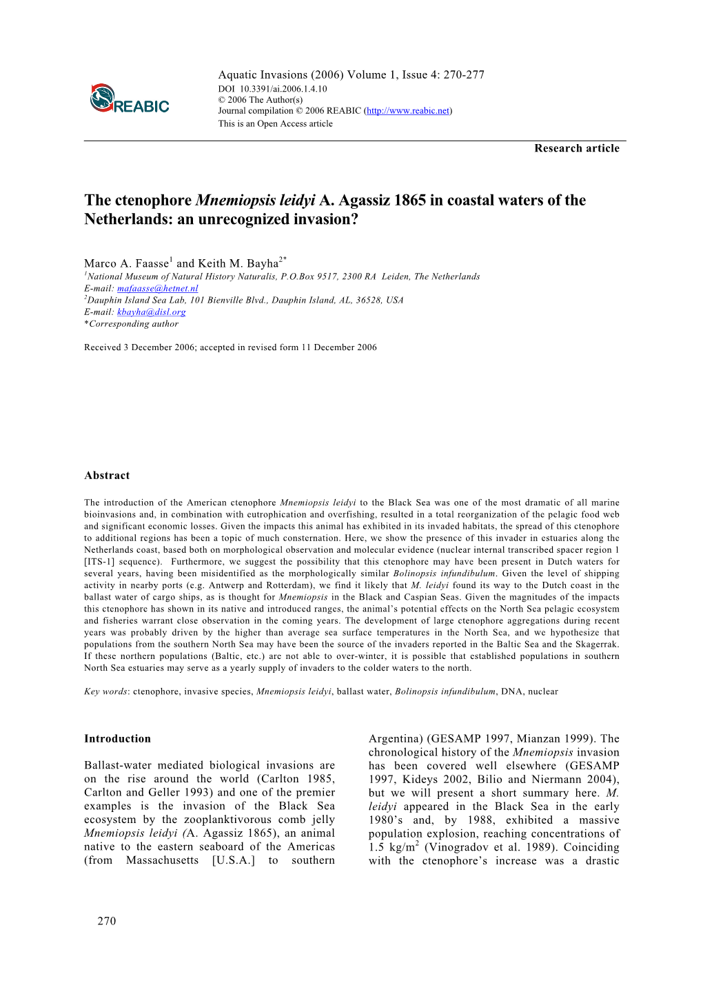 The Ctenophore Mnemiopsis Leidyi A. Agassiz 1865 in Coastal Waters of the Netherlands: an Unrecognized Invasion?