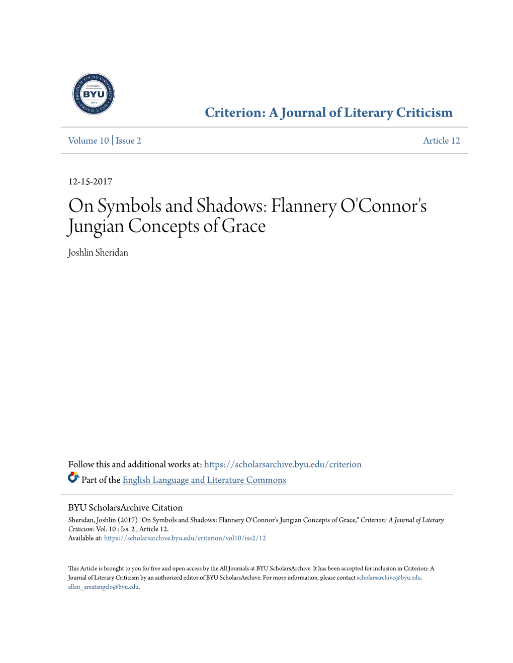 On Symbols and Shadows: Flannery O'connor's Jungian Concepts of Grace Joshlin Sheridan