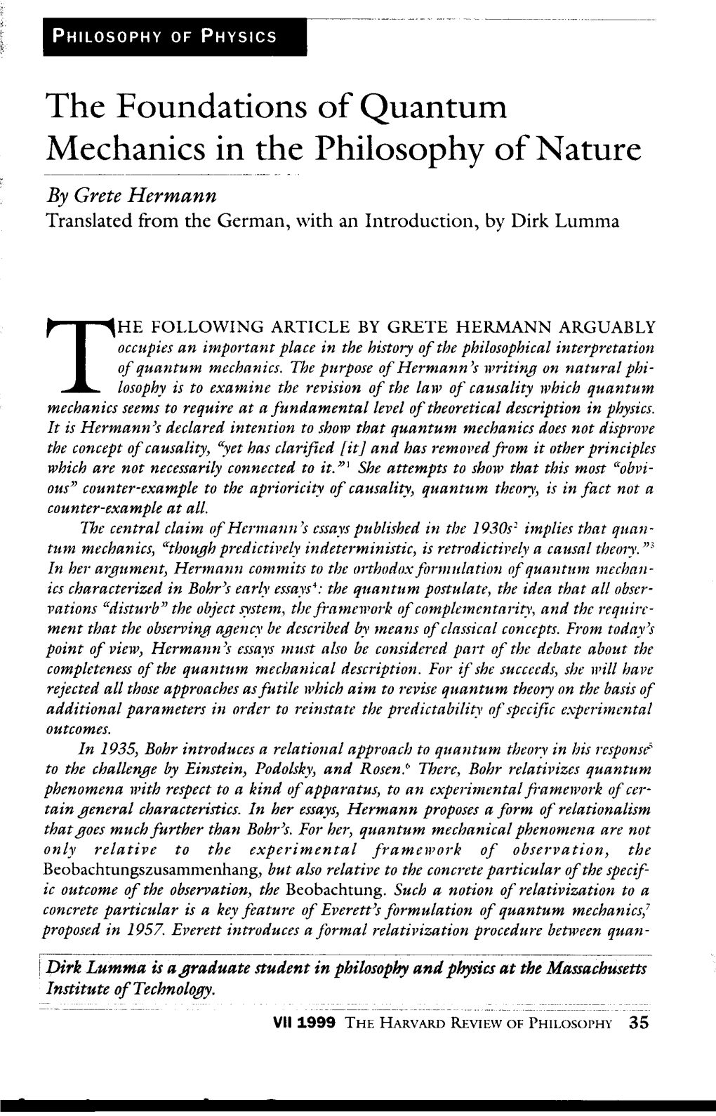 The Foundations of Quantum Mechanics in the Philosophy of Nature -- - by Grete Hermann Translated from the German, with an Introduction, by Dirk Lumma