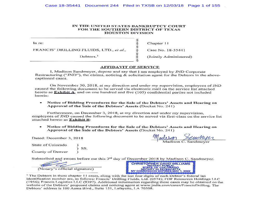 Case 18-35441 Document 244 Filed in TXSB on 12/03/18 Page 1 of 155 Case 18-35441 Document 244 Filed in TXSB on 12/03/18 Page 2 of 155