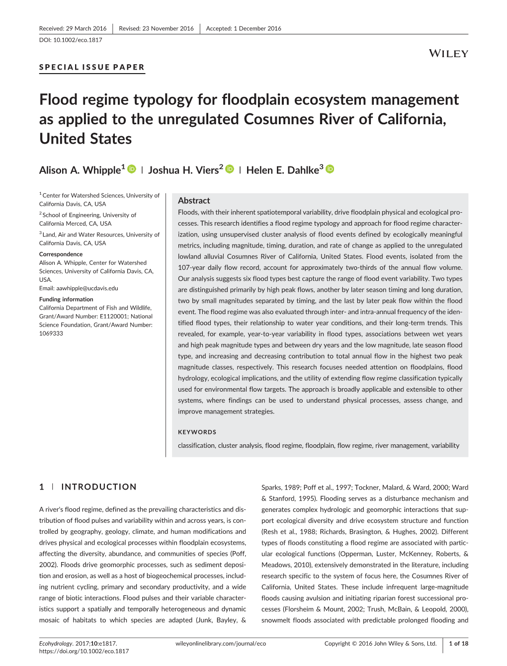 Flood Regime Typology for Floodplain Ecosystem Management As Applied to the Unregulated Cosumnes River of California, United States