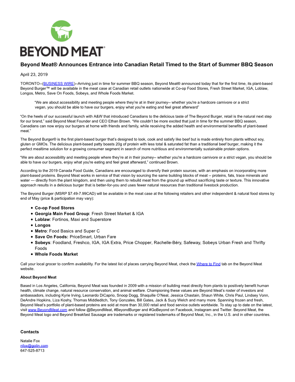 Beyond Meat® Announces Entrance Into Canadian Retail Timed to the Start of Summer BBQ Season