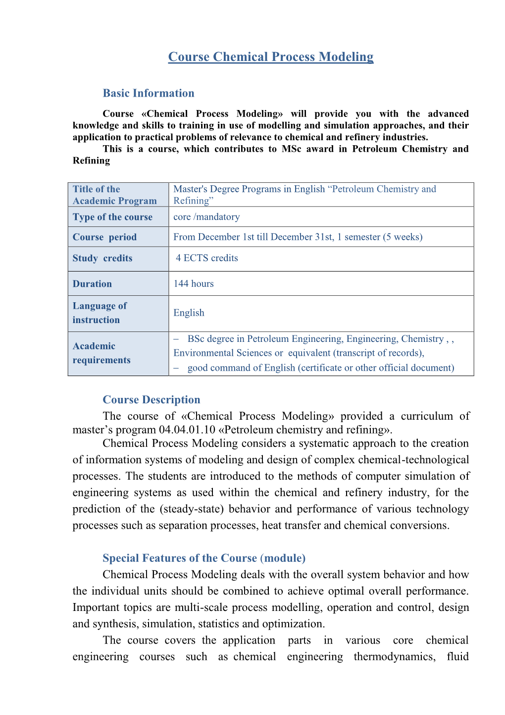 Course Chemical Process Modeling