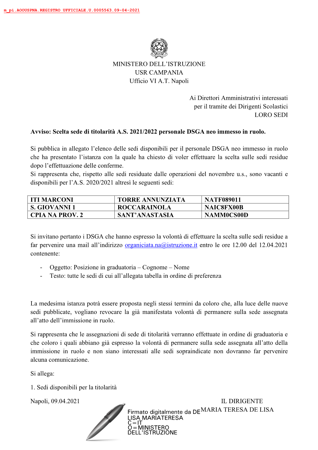 MINISTERO DELL'istruzione USR CAMPANIA Ufficio VI A.T. Napoli Ai