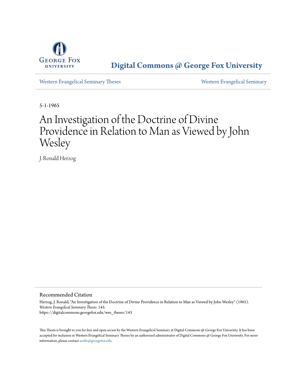 An Investigation of the Doctrine of Divine Providence in Relation to Man As Viewed by John Wesley J