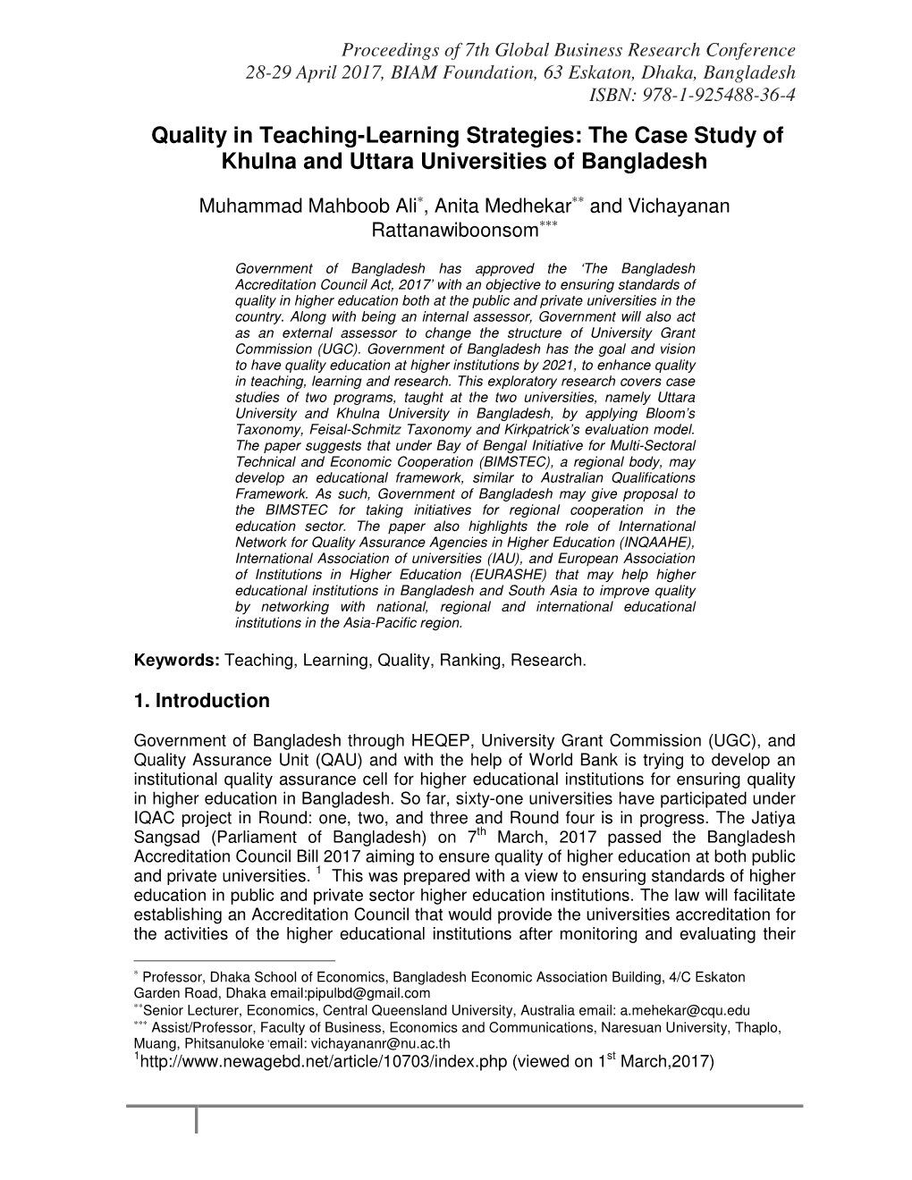 Quality in Teaching-Learning Strategies: the Case Study of Khulna and Uttara Universities of Bangladesh