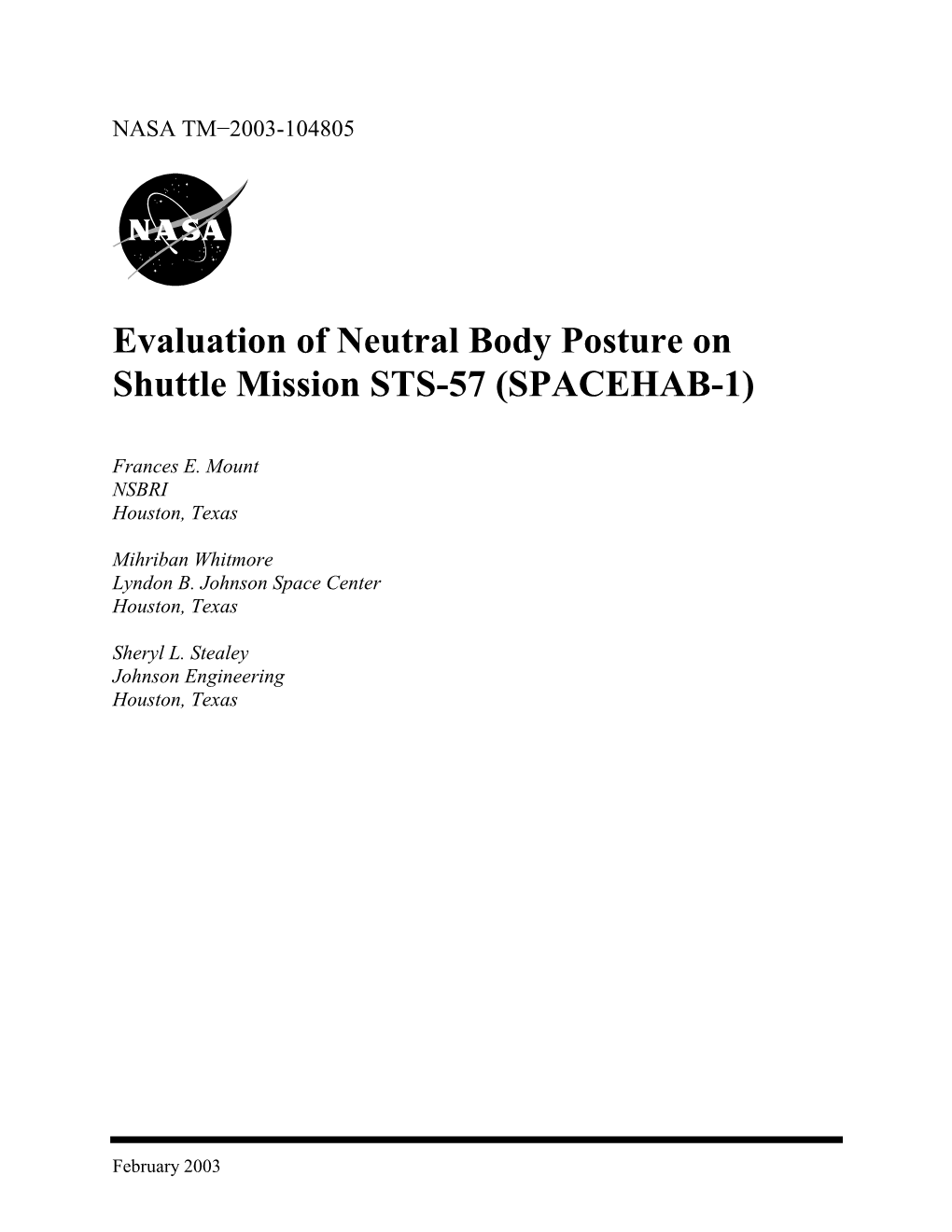 Evaluation of Neutral Body Posture on Shuttle Mission STS-57 (SPACEHAB-1)