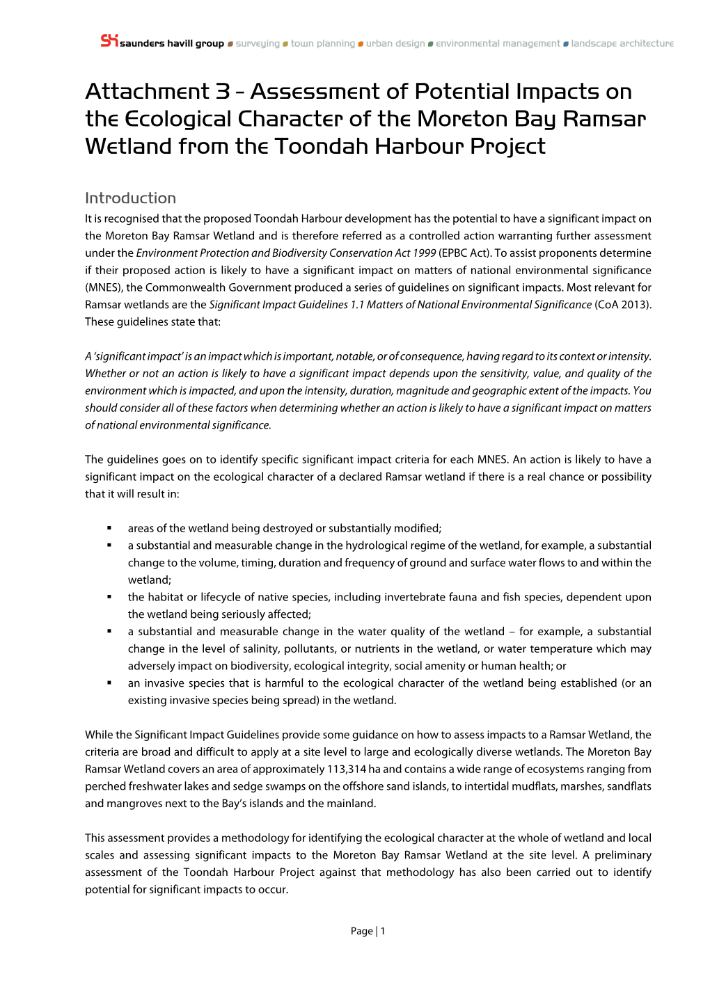 Assessment of Potential Impacts on the Ecological Character of the Moreton Bay Ramsar Wetland from the Toondah Harbour Project