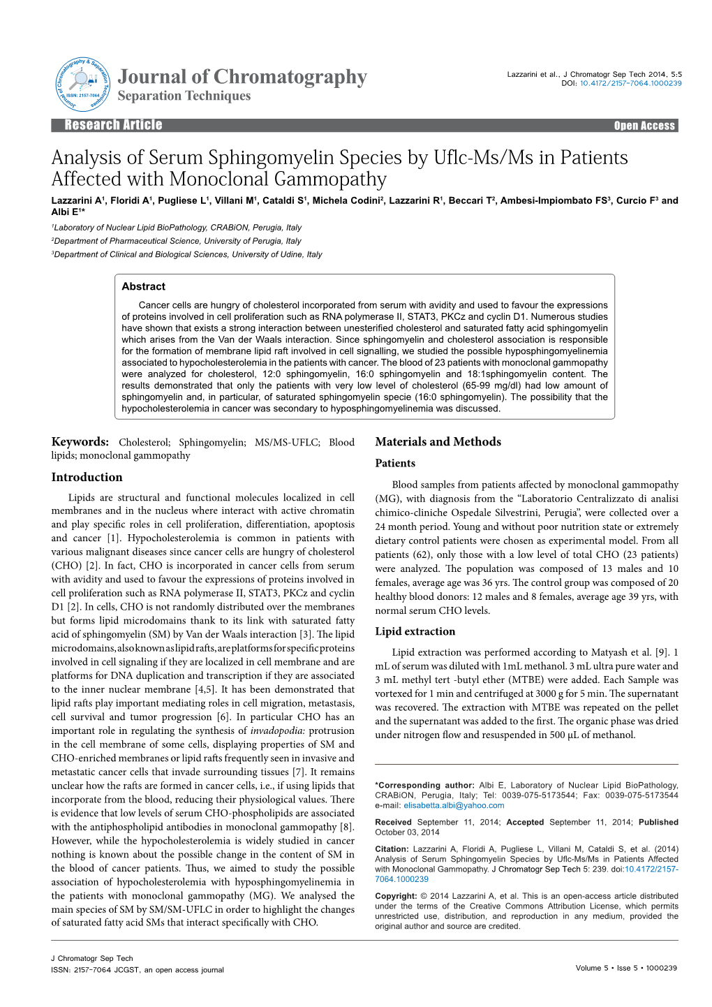 Analysis of Serum Sphingomyelin Species by Uflc-Ms/Ms in Patients