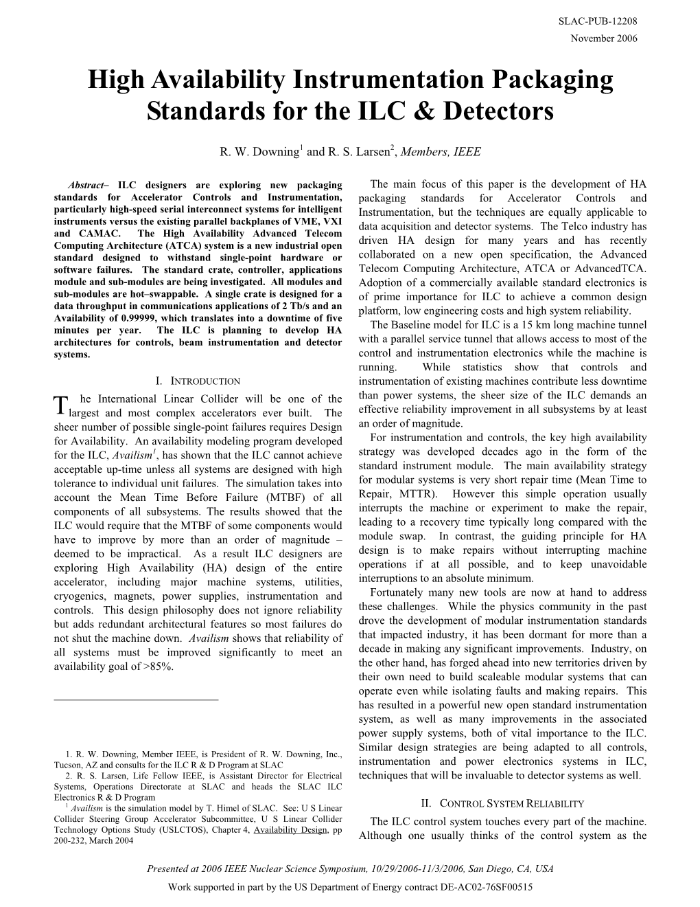 High Availability Instrumentation Packaging Standards for the ILC & Detectors