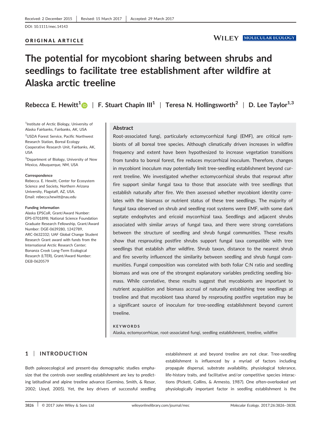 The Potential for Mycobiont Sharing Between Shrubs and Seedlings to Facilitate Tree Establishment After Wildfire at Alaska Arctic Treeline