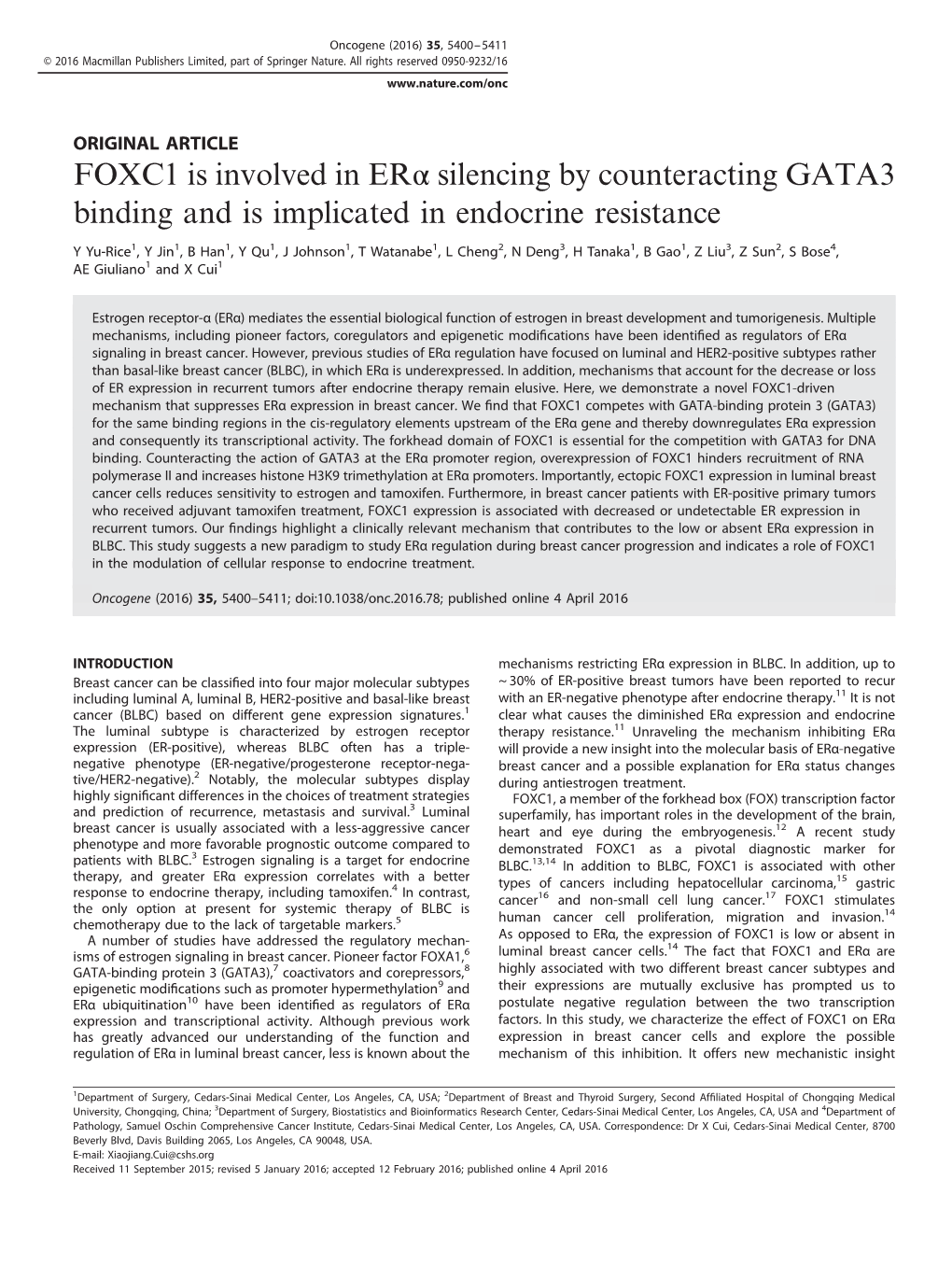 FOXC1 Is Involved in ER&Alpha; Silencing by Counteracting GATA3