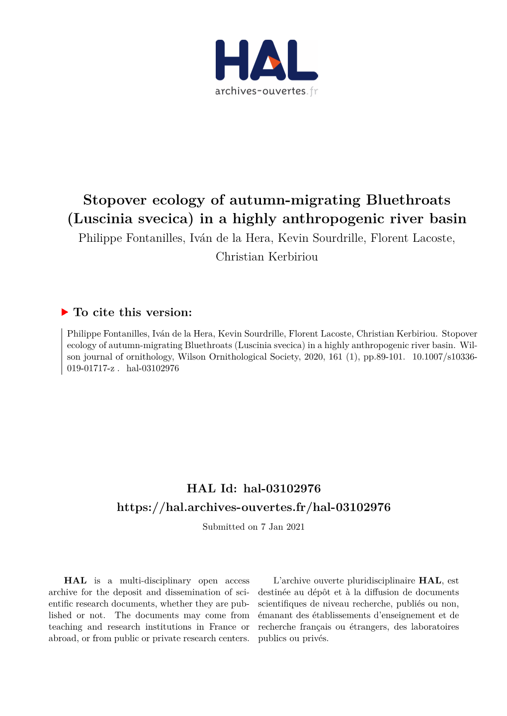 Luscinia Svecica) in a Highly Anthropogenic River Basin Philippe Fontanilles, Iván De La Hera, Kevin Sourdrille, Florent Lacoste, Christian Kerbiriou