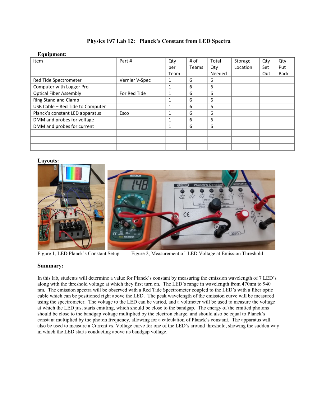 Physics 197 Lab 12: Planck's Constant from LED Spectra